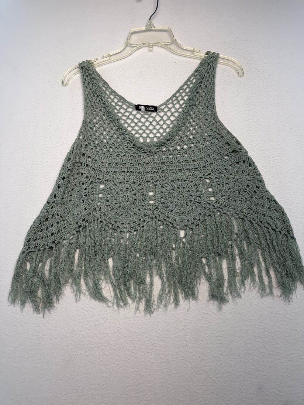 Large Crochet Fringe Crop Top Green Festival Knit Tank Hippie Bohemian MissSASA